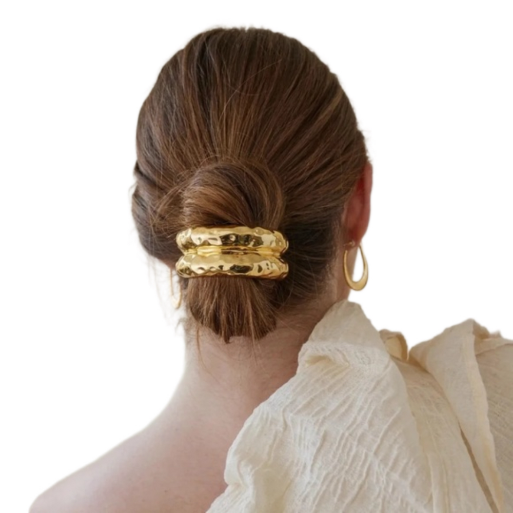 $20 (2 for $30) GOLD Hammered Metal Cuff Ponytail Holder Double Crescent Elastic
